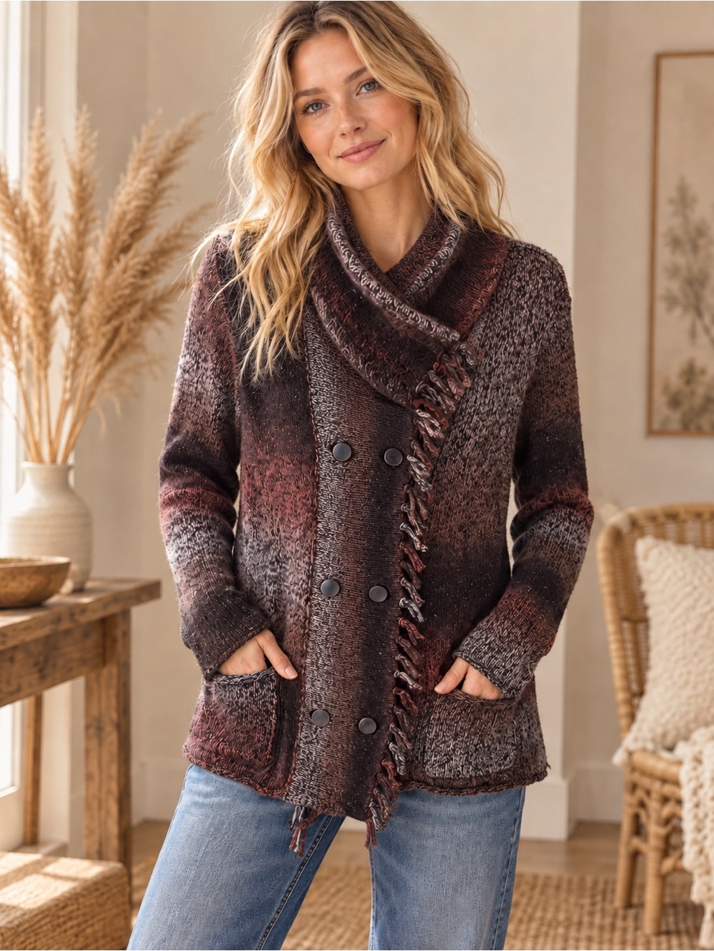 CAbi Ombre Double-Breasted Shawl Collar Sweater Jacket - Brown, Rust